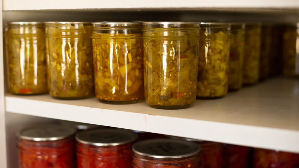 canned sweet relish sitting on pantry shelf 