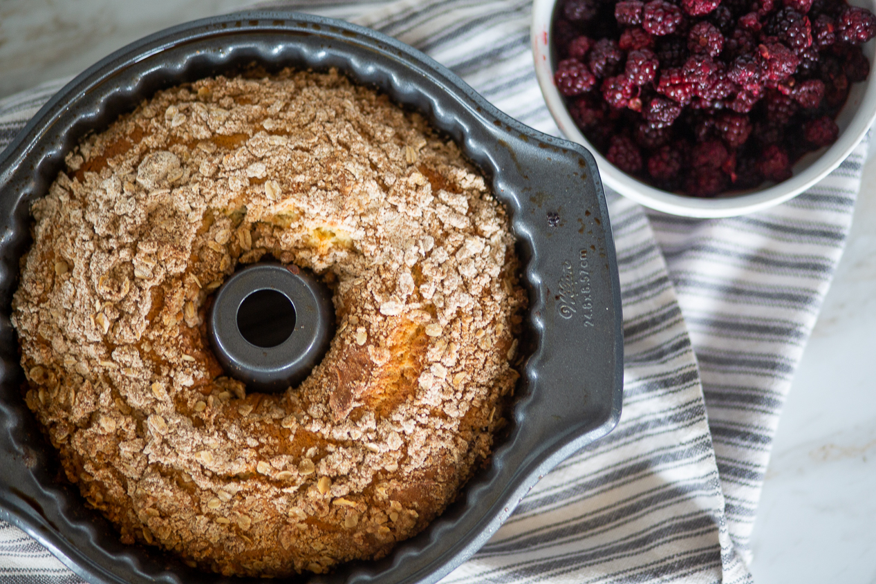 coffee cake with crumb topping in bundt pan