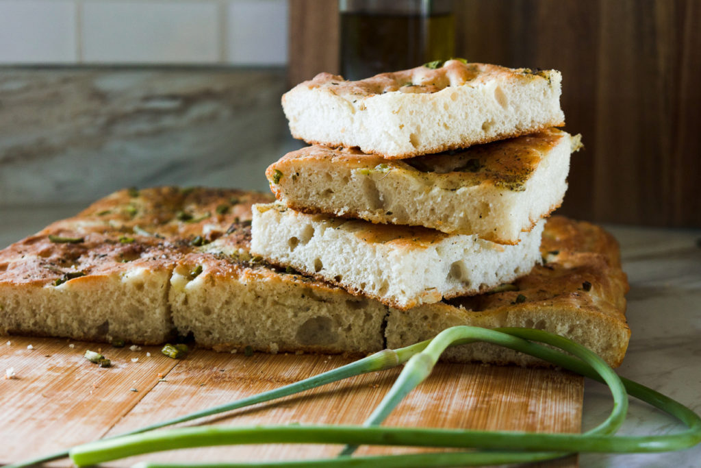 garlic scape focaccia bread stacked 