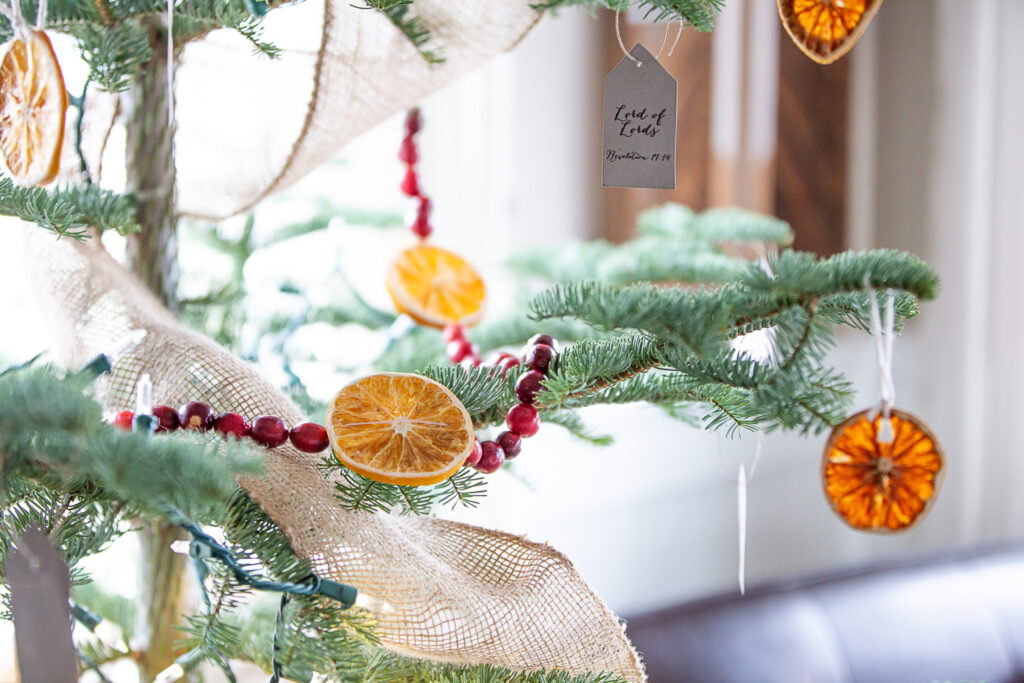 dried orange and cranberry garland on tree 