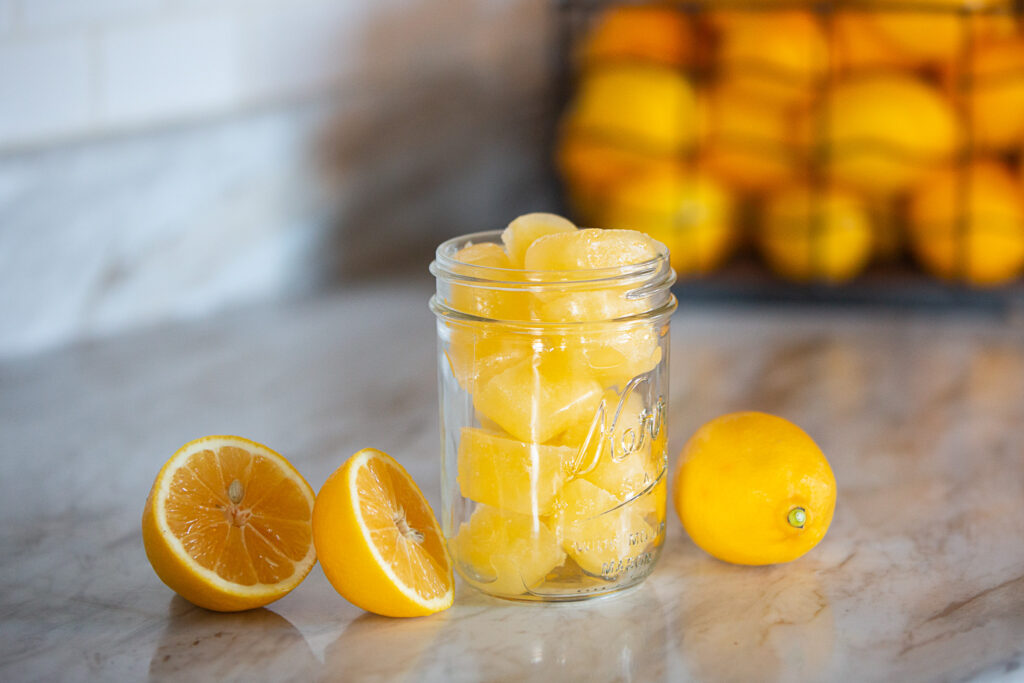 frozen lemon juice cubes in mason jar 