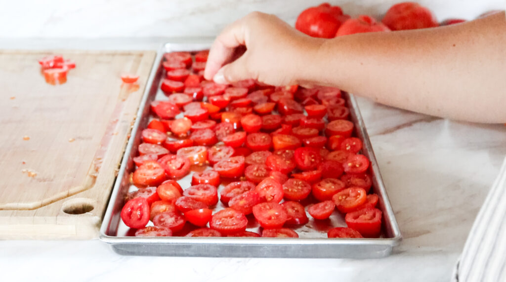 hand putting tomatoes on freeze drying tray